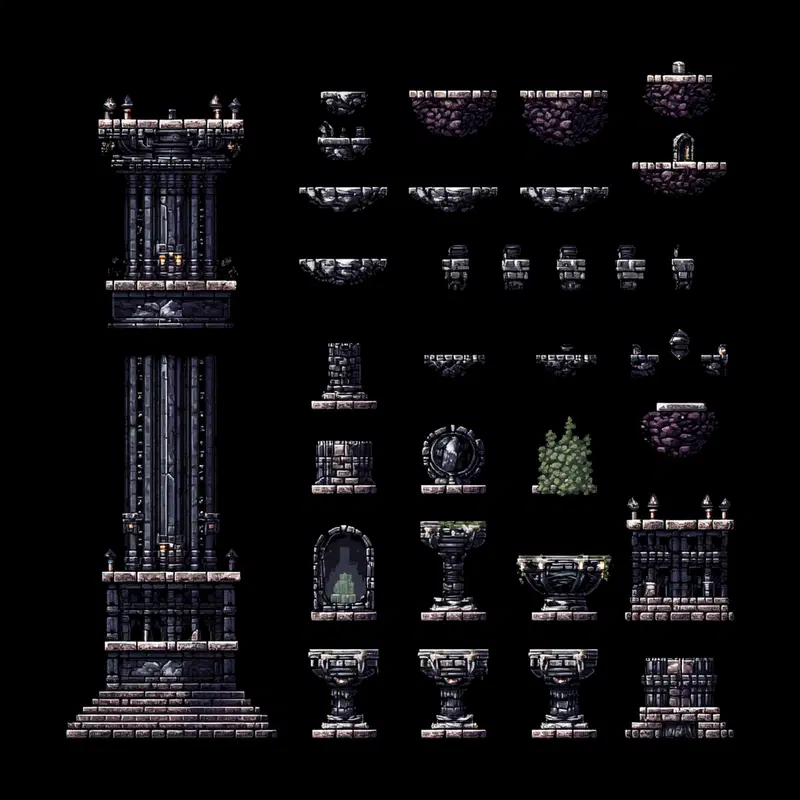 Pixel art style stone pillars and platform elements for fantasy game design