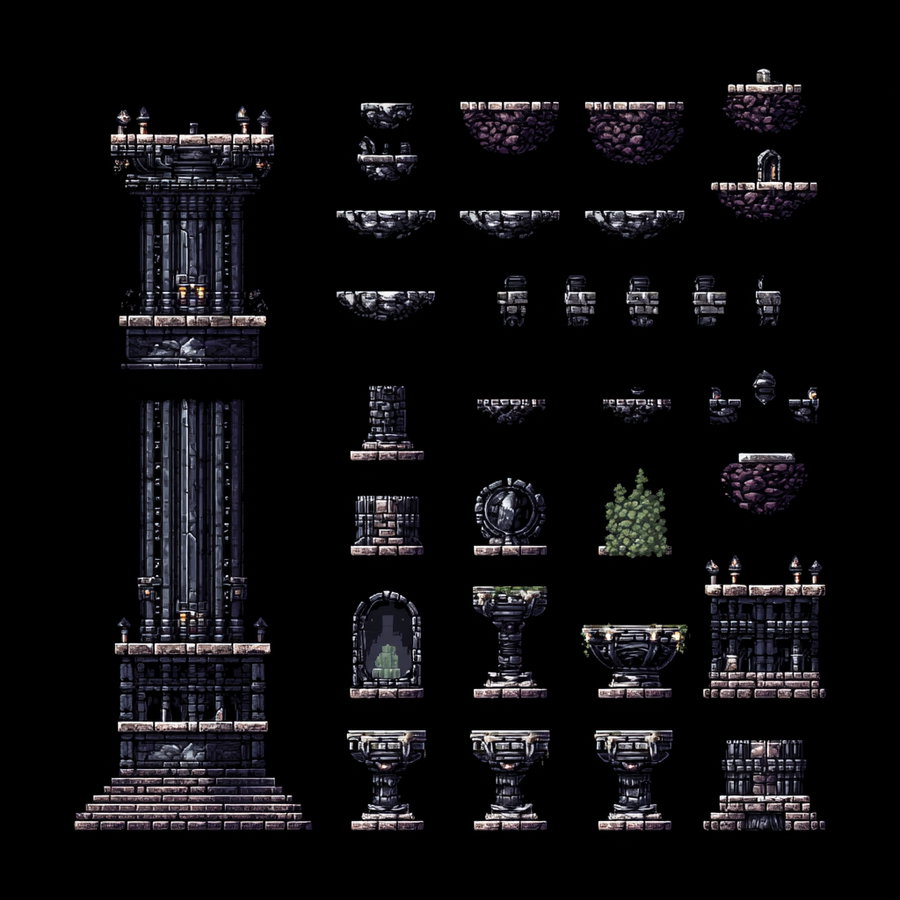 Pixel art assets including stone pillars, platforms, ledges, and decorative elements with moss and torch details on black background