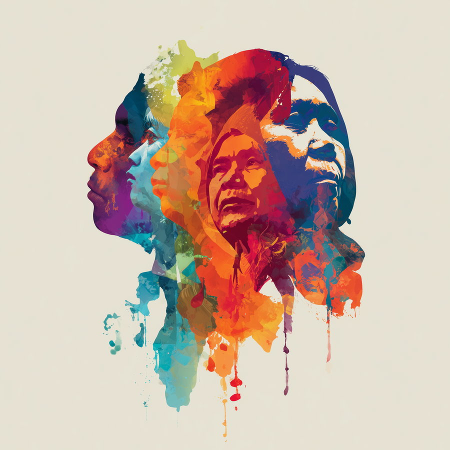 Abstract digital art showing five overlapping human faces in profile facing left, painted with vibrant colors and watercolor texture on a light background