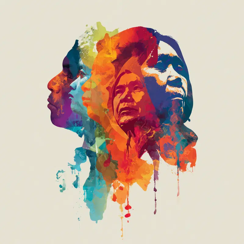 Colorful abstract digital portrait art with overlapping human faces in profile