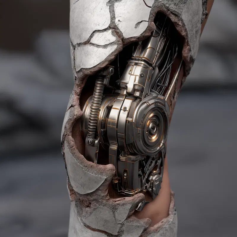 Realistic 3D render of a futuristic robotic mechanical limb exposed through cracked skin