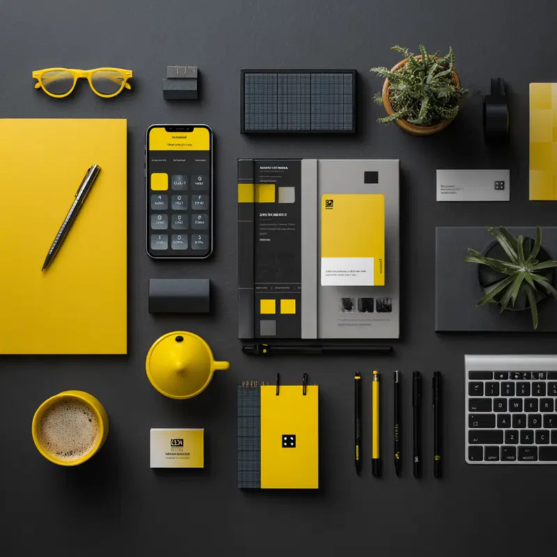 Organized flat lay of yellow and black office supplies and desk accessories