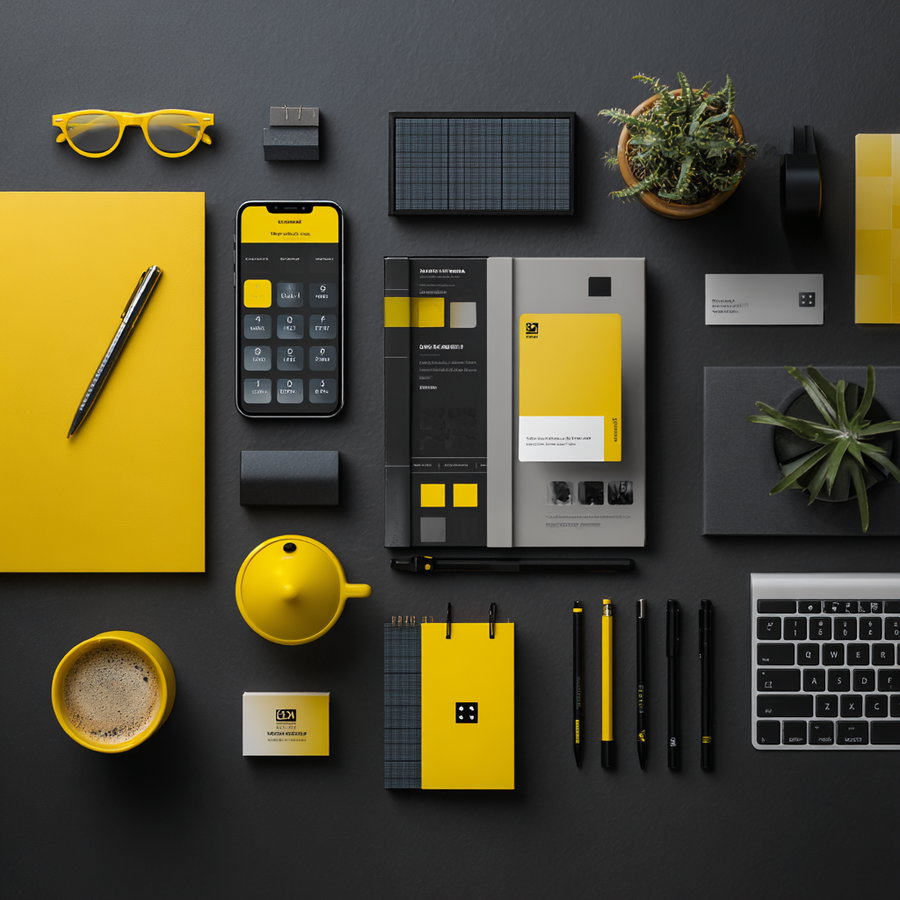 Top view of neatly arranged office items including yellow glasses, notebooks, pens, a smartphone, a teapot, a cup of coffee, plants, and a laptop keyboard on a dark surface