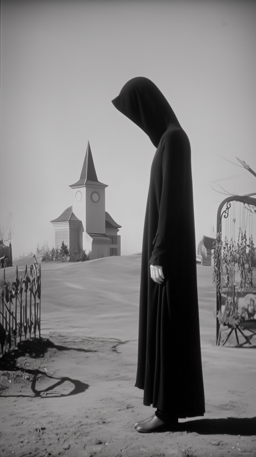 A black-robed hooded figure with pale hands standing in a barren graveyard with a wrought iron fence, dried plants, and a small church with a pointed steeple in the background under a pale sky.