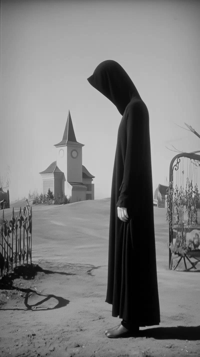 Dark hooded figure standing solemnly in a bleak, surreal cemetery scene