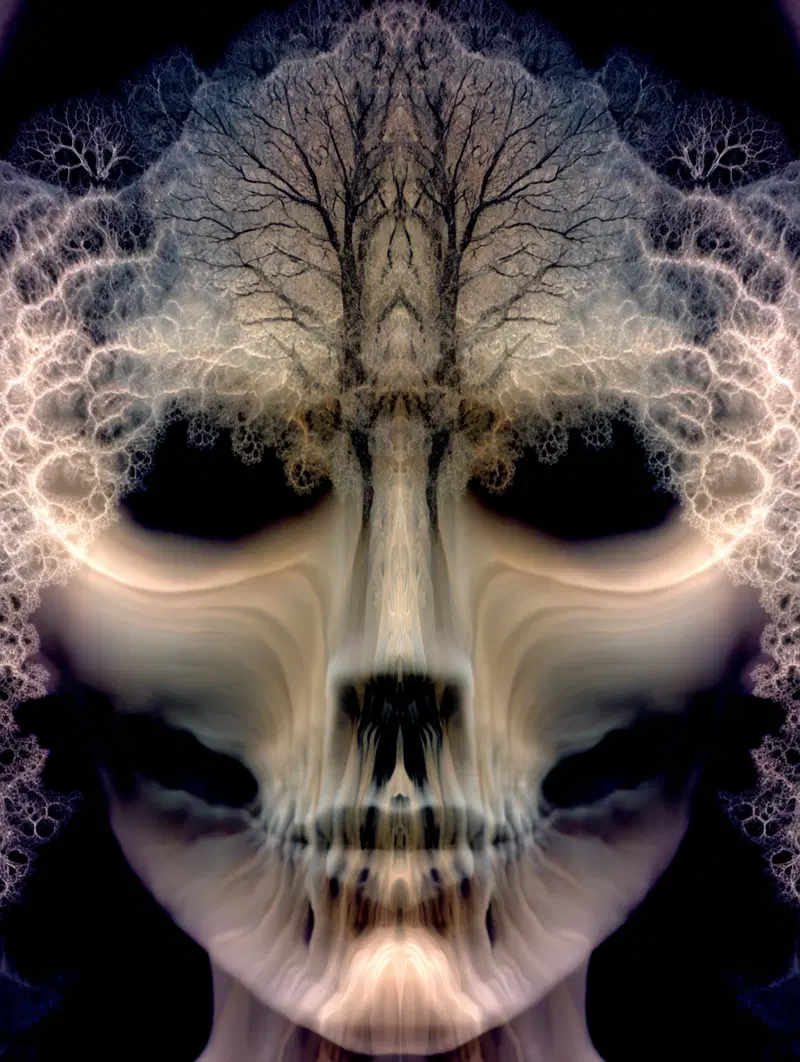 Surreal dark fantasy portrait blending a human skull with tree branches