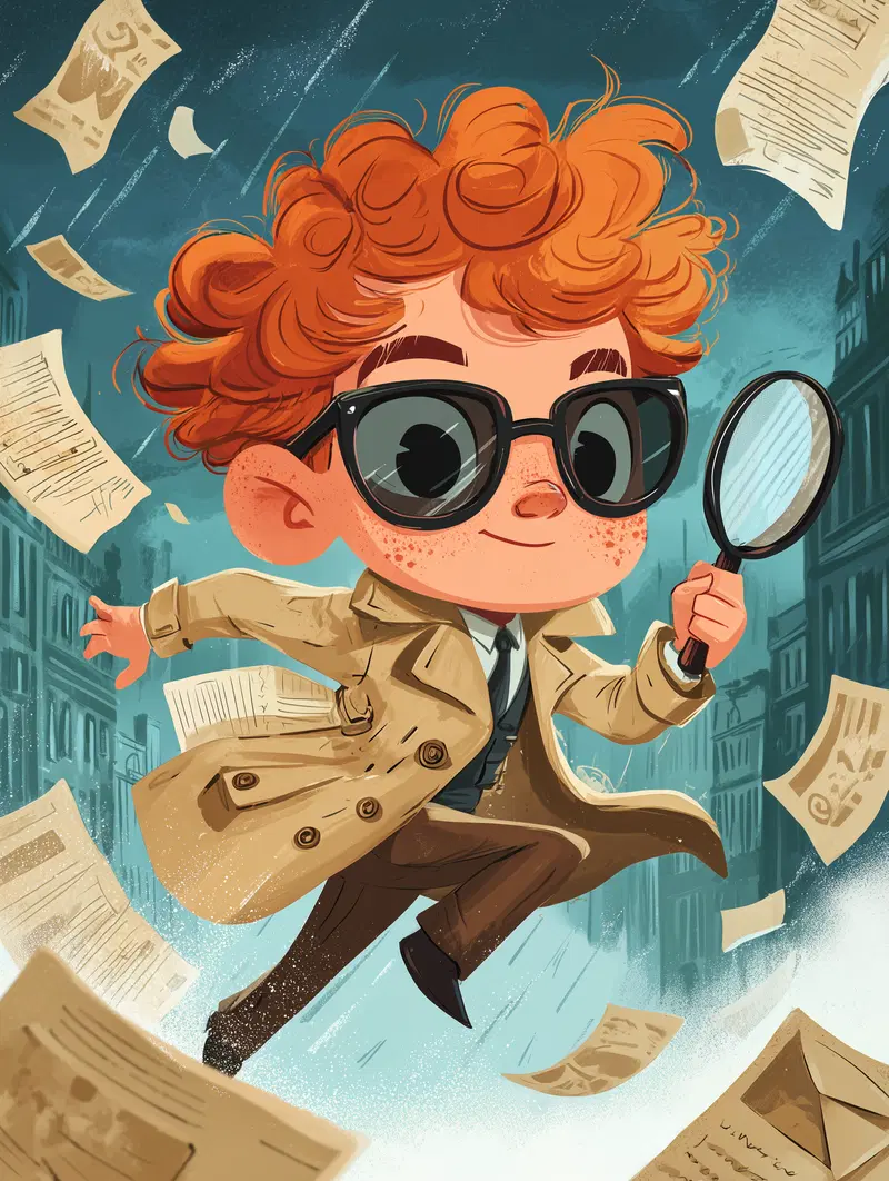 Illustration of a cheerful young red-haired detective holding a magnifying glass