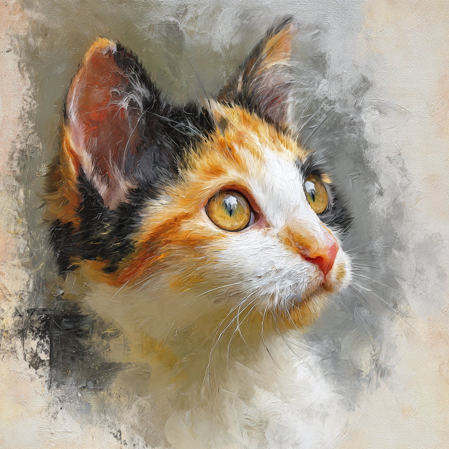 A detailed and textured artistic rendering of a calico cat's head in profile with orange, black, and white fur, bright yellow eyes, and a pink nose, with a muted abstract background.