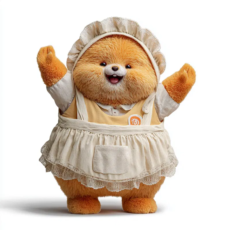 Adorable fluffy animal character wearing a frilly apron and bonnet