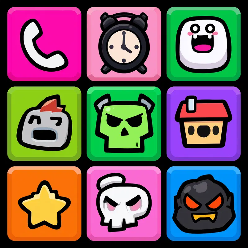 Colorful cartoon icons featuring playful and spooky character symbols