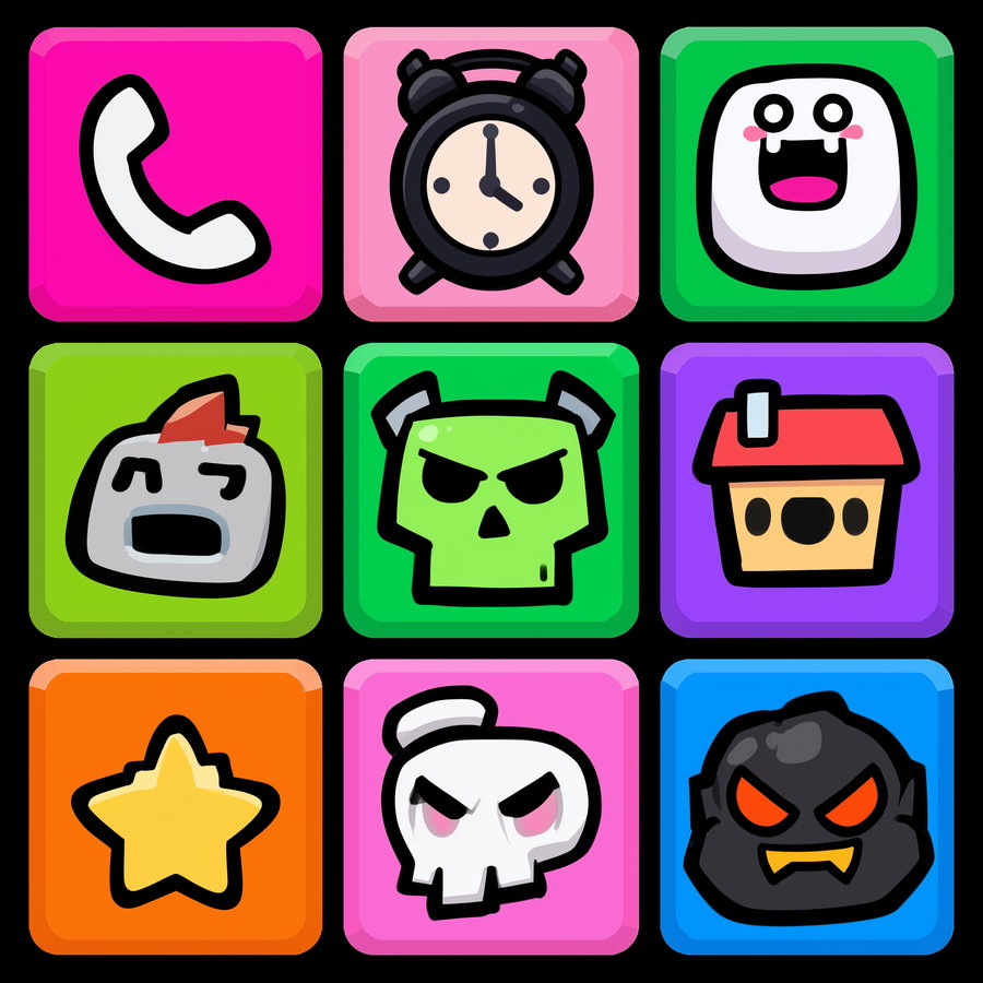 Nine colorful cartoon icons arranged in a 3x3 grid, including a white phone receiver on pink, a black alarm clock on light pink, a smiling white ghost on green, a gray chicken head on lime green, a green skull with gray horns on green, a small house on purple, a yellow star on orange, a white skull with pink eyes on pink, and a black angry creature with orange eyes on blue.