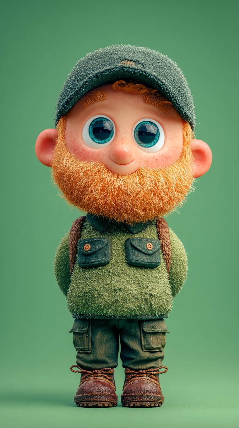 A 3D rendered character of a man with large blue eyes, a red beard, wearing a green cap, green textured sweater, green cargo pants, brown boots, standing with hands behind his back on a green background