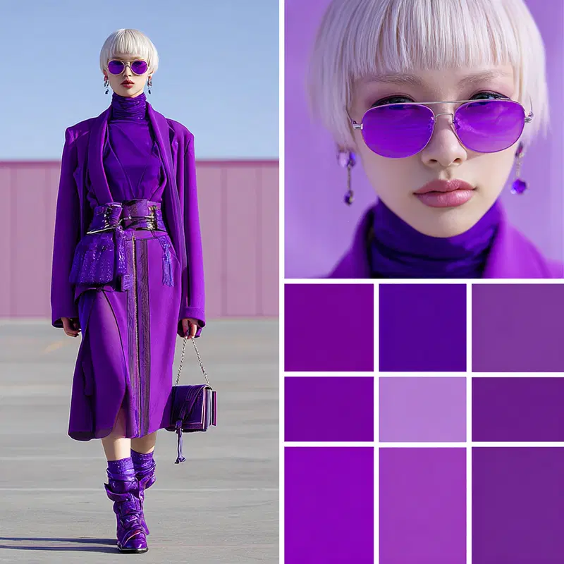 Fashionable woman in a striking purple monochrome outfit with matching accessories