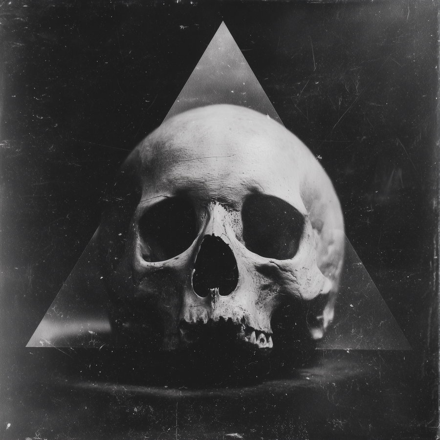A grayscale image featuring a human skull centered with a faint dark triangular shape in the background and a textured vintage photographic effect