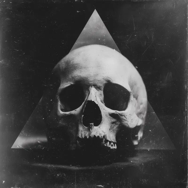 Black and white artistic image of a human skull with a dark triangle background