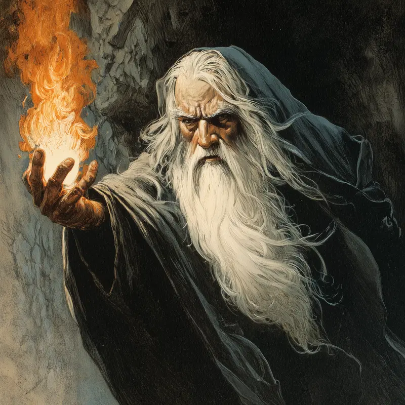 Dramatic fantasy portrait of a wizard casting a fiery spell in a dark cave