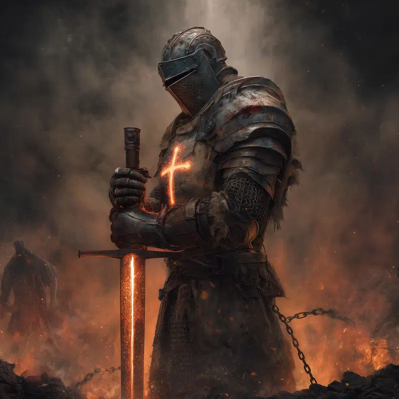 Dark armored knight with glowing cross and sword in fiery battlefield