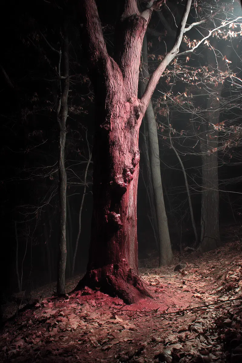 Mysterious tree illuminated with red light in a dark forest at night