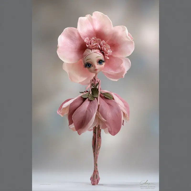 Delicate doll-like female character with floral dress and oversized flower hat