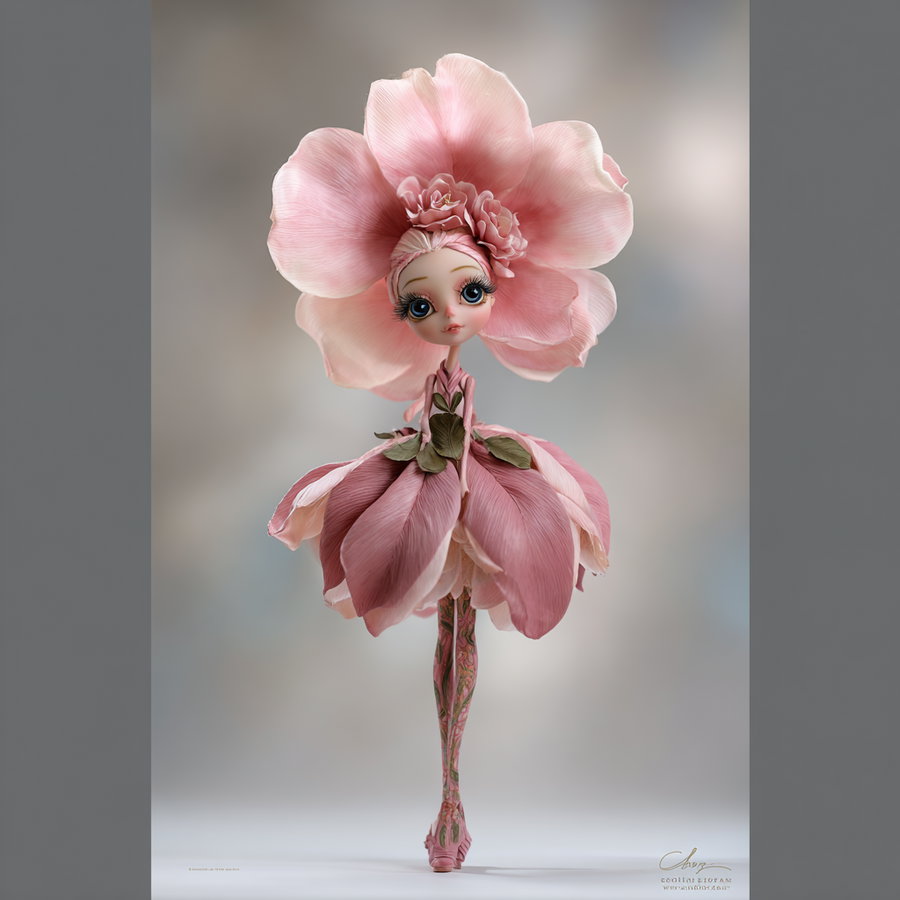 A stylized doll character with large expressive eyes, wearing a dress made of pink flower petals and an oversized flower hat, posed against a soft blurred background