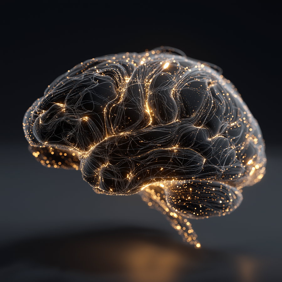 3D digital illustration showing a human brain with glowing golden network lines and nodes on a dark background
