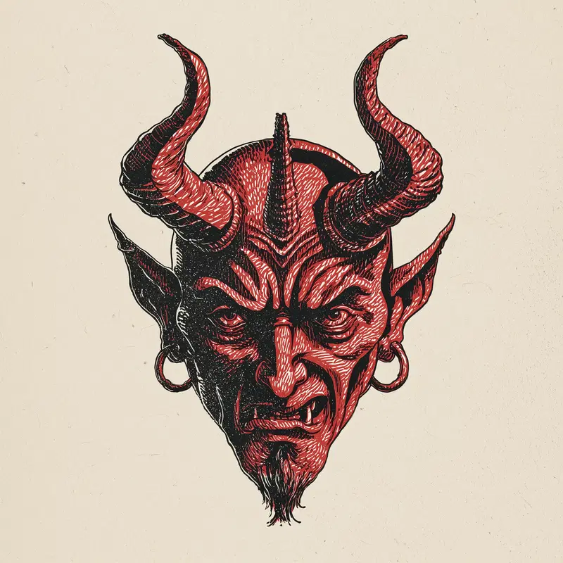 Detailed illustration of a red demon head with horns and earrings