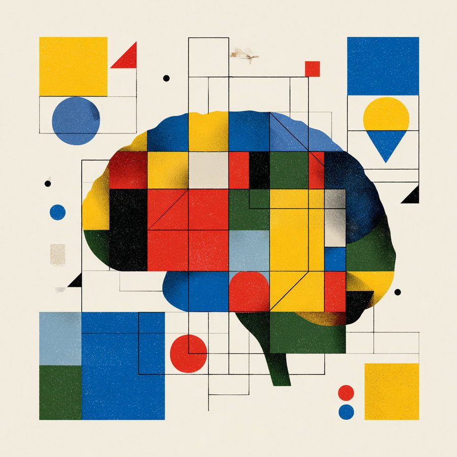 A geometric abstract illustration of a brain composed of colorful rectangular and circular shapes in yellow, red, blue, green, and black on a beige background