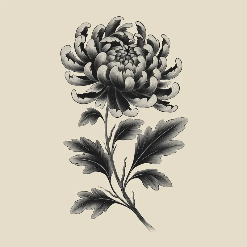 Detailed monochrome botanical illustration of a chrysanthemum flower with leaves