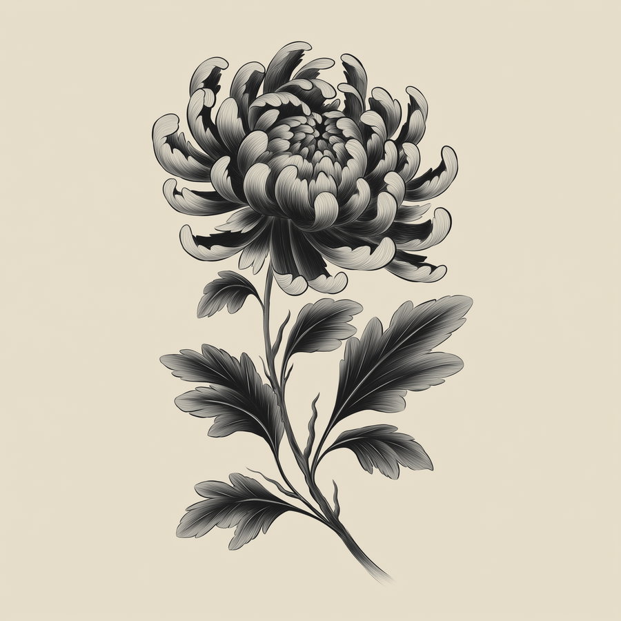 black and white detailed illustration of a chrysanthemum flower with multiple petals and leaves on a beige background