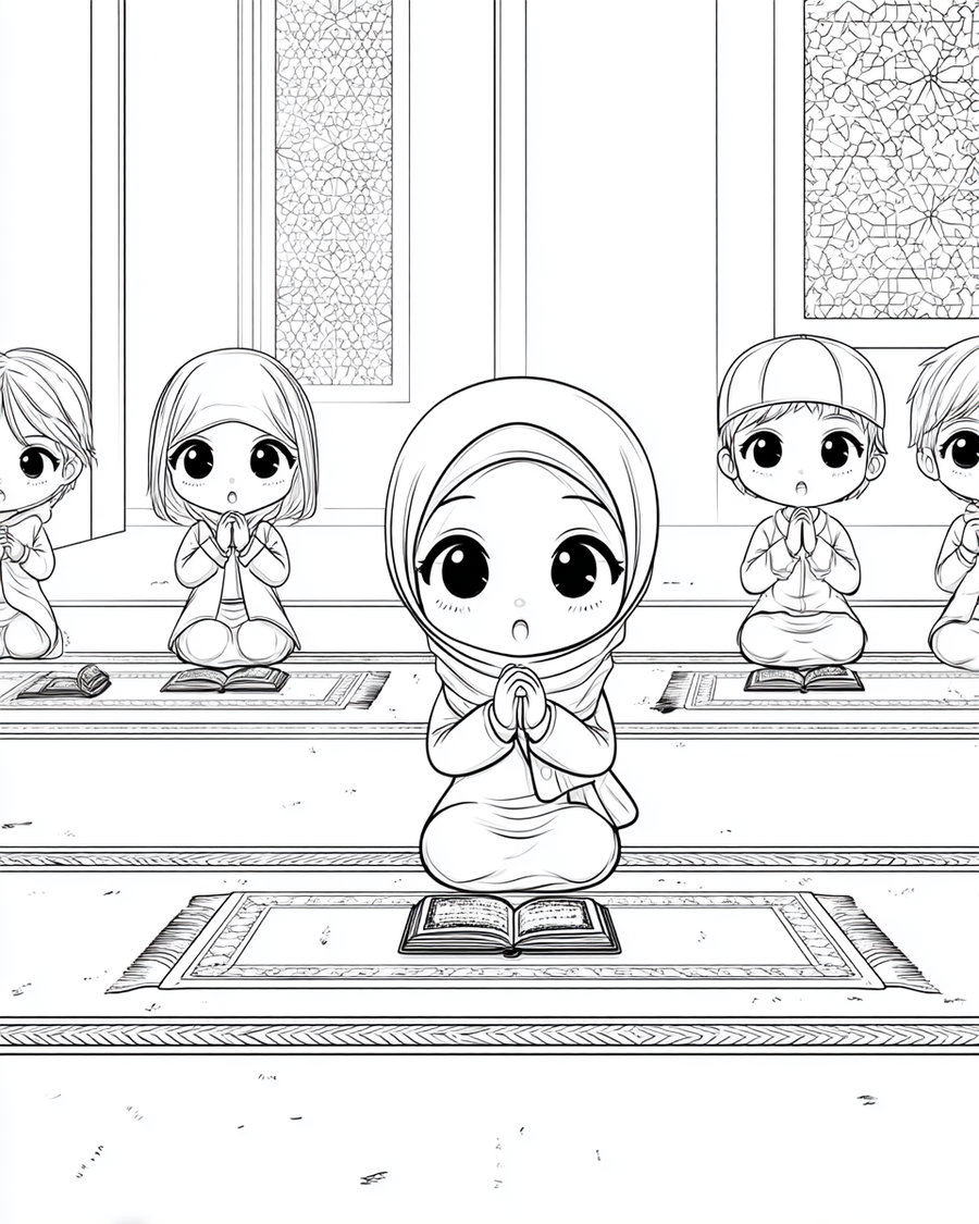 Hand-drawn black and white image of cute chibi children sitting on prayer mats with holy books open, hands held together in prayer, inside a mosque with decorative windows.