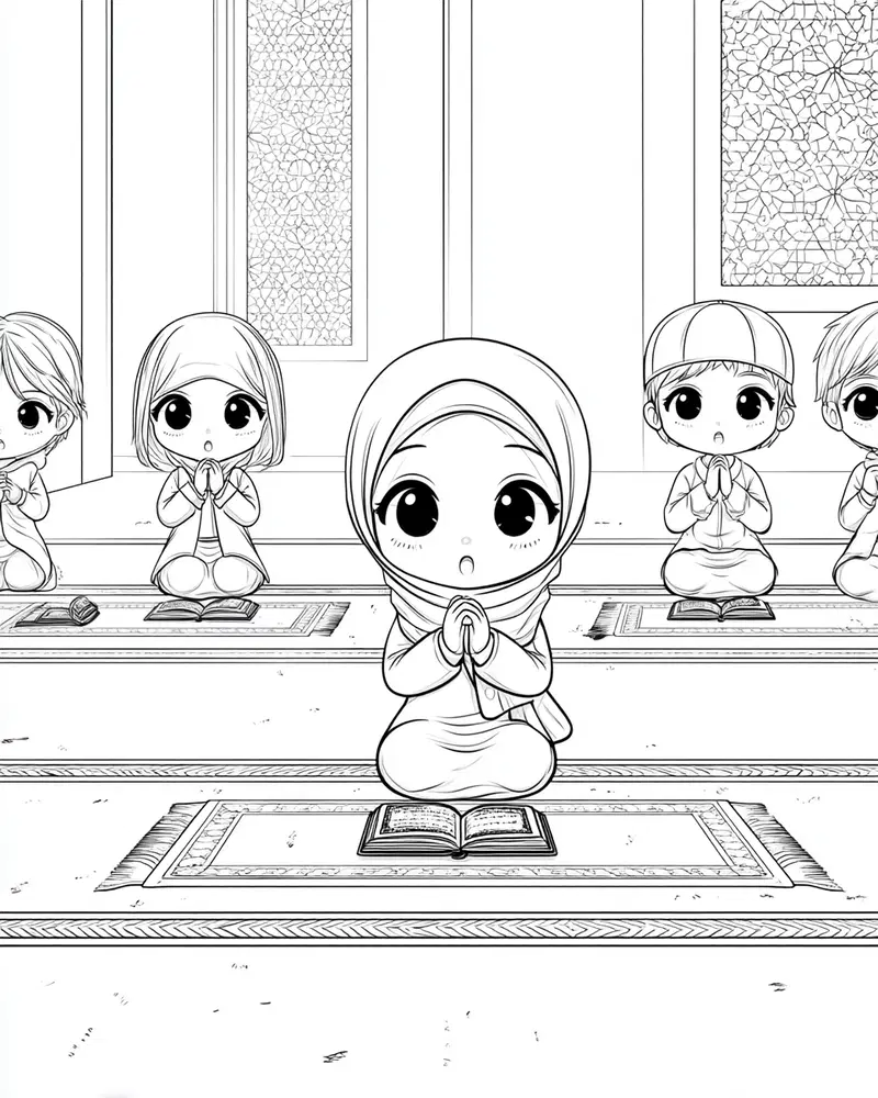 Black and white chibi style characters praying with holy books inside a mosque