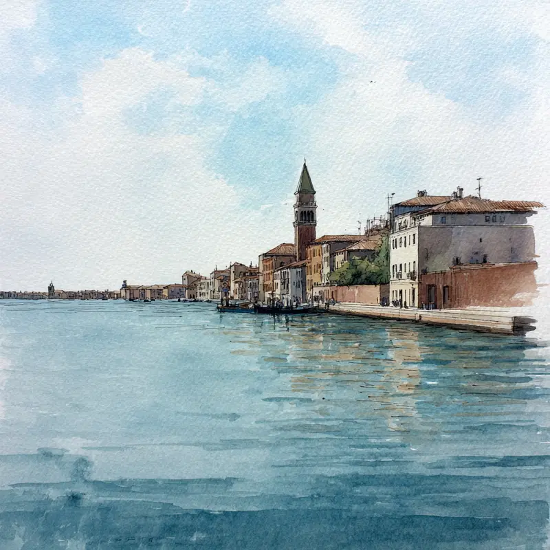 Watercolor painting of buildings and a bell tower by the calm waterfront on a clear day
