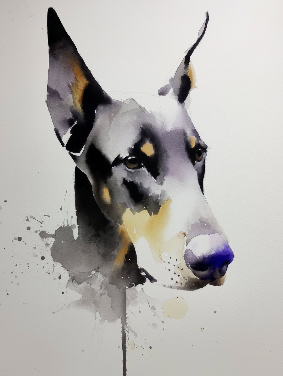 A watercolor painting of a Doberman dog's head with black, brown, and white colors and paint splashes on a white background.