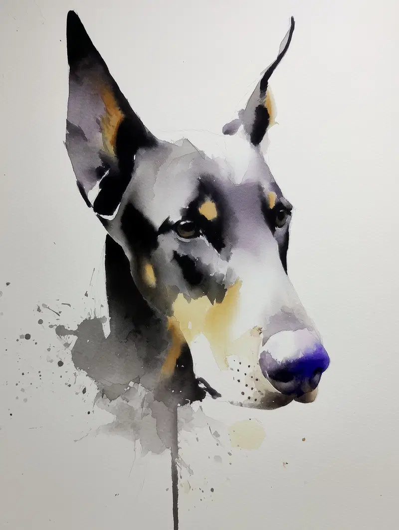Watercolor portrait of a Doberman dog with artistic paint splashes