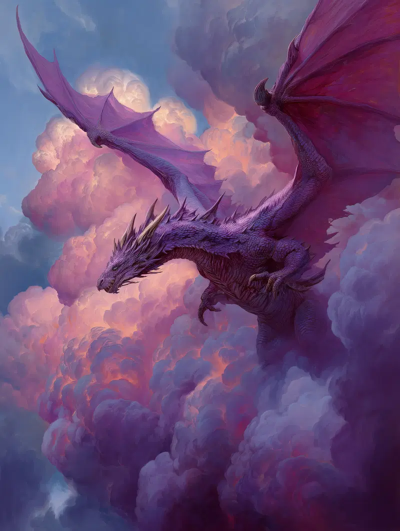 Majestic purple dragon flying through vivid pink and purple clouds at sunset