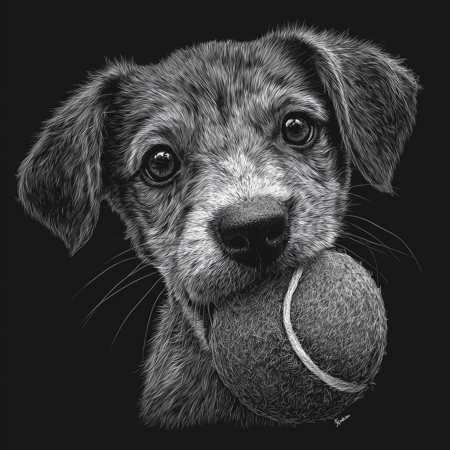 A close-up black and white digital illustration of a puppy facing forward, holding a tennis ball in its mouth against a dark background