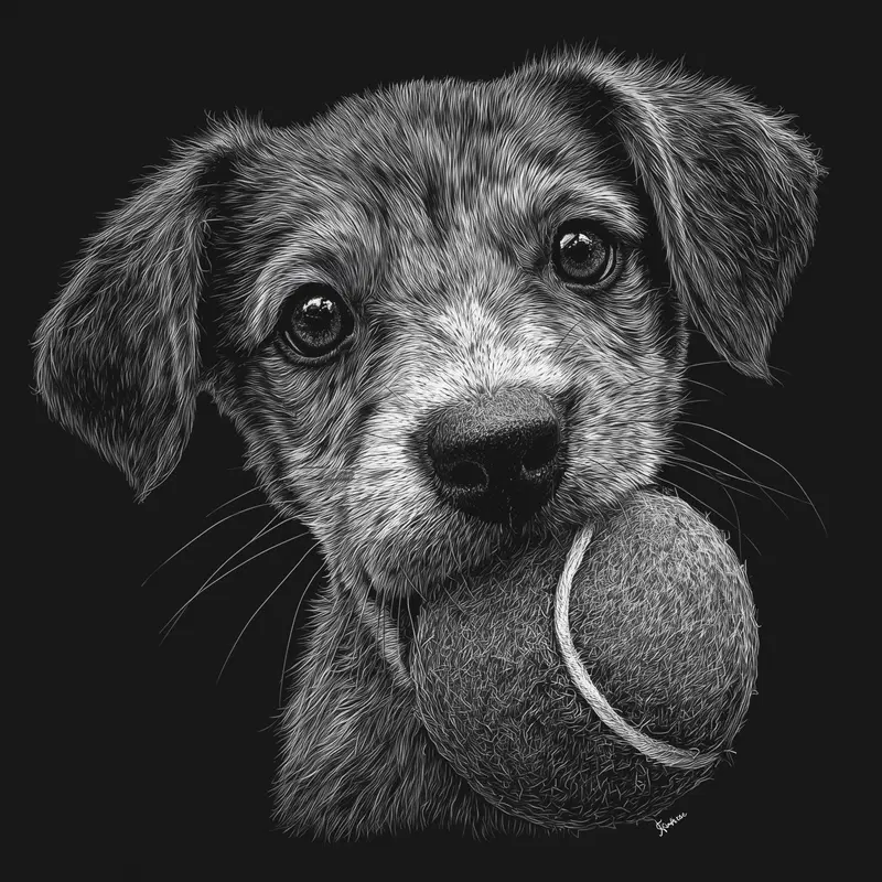 Detailed black and white illustration of a puppy holding a tennis ball in its mouth