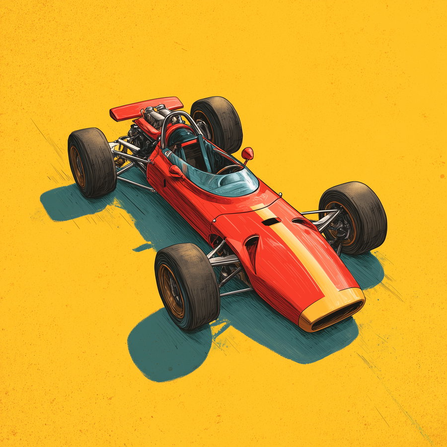 A digital drawing of a red vintage single-seater race car with large tires and open cockpit casting shadow on a solid yellow background