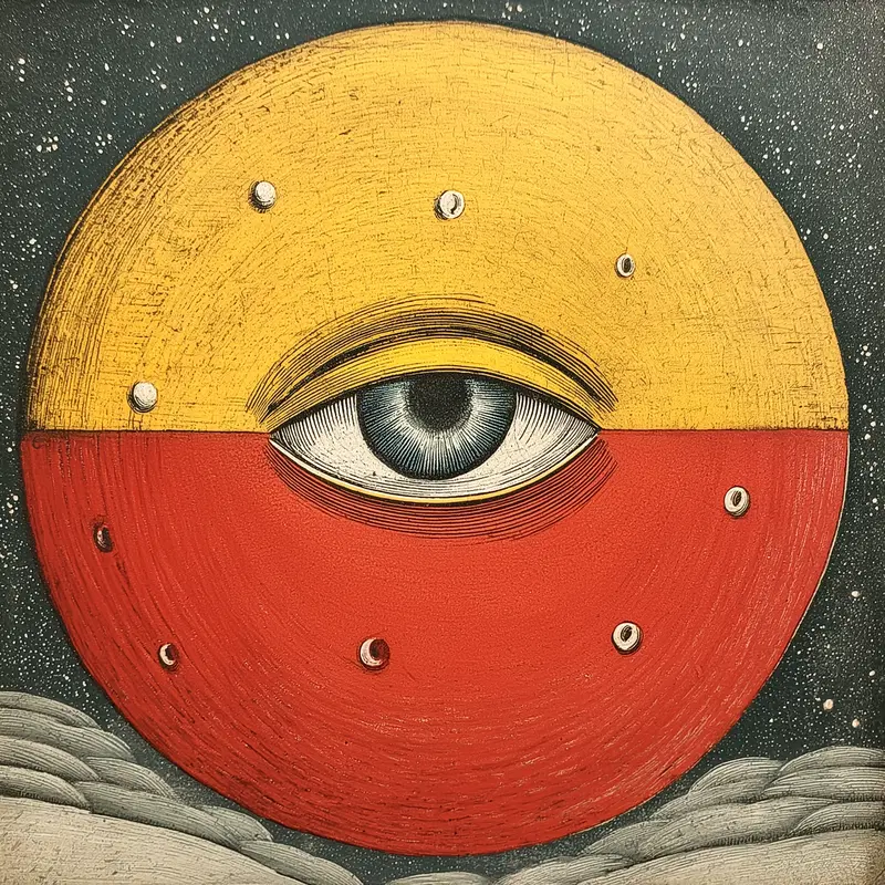 Surreal illustration of a half-yellow, half-red sphere with an eye and moons