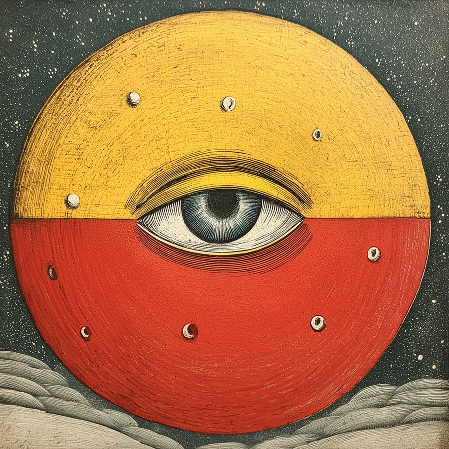 A surreal artwork featuring a large sphere divided into yellow and red halves with a realistic eye in the center and small crescent moons scattered across the surface, set against a starry night sky with clouds below.