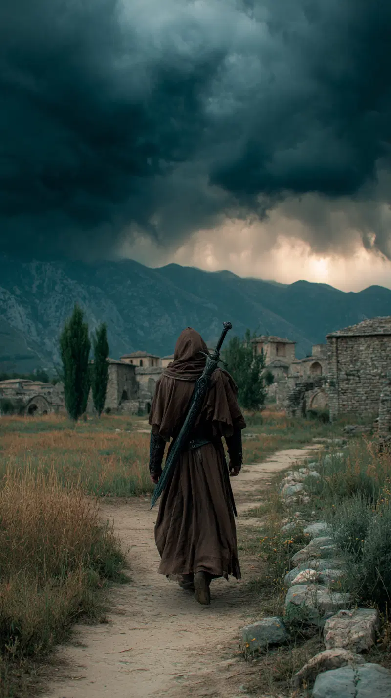 A hooded warrior walking along a path in an ancient village under stormy skies