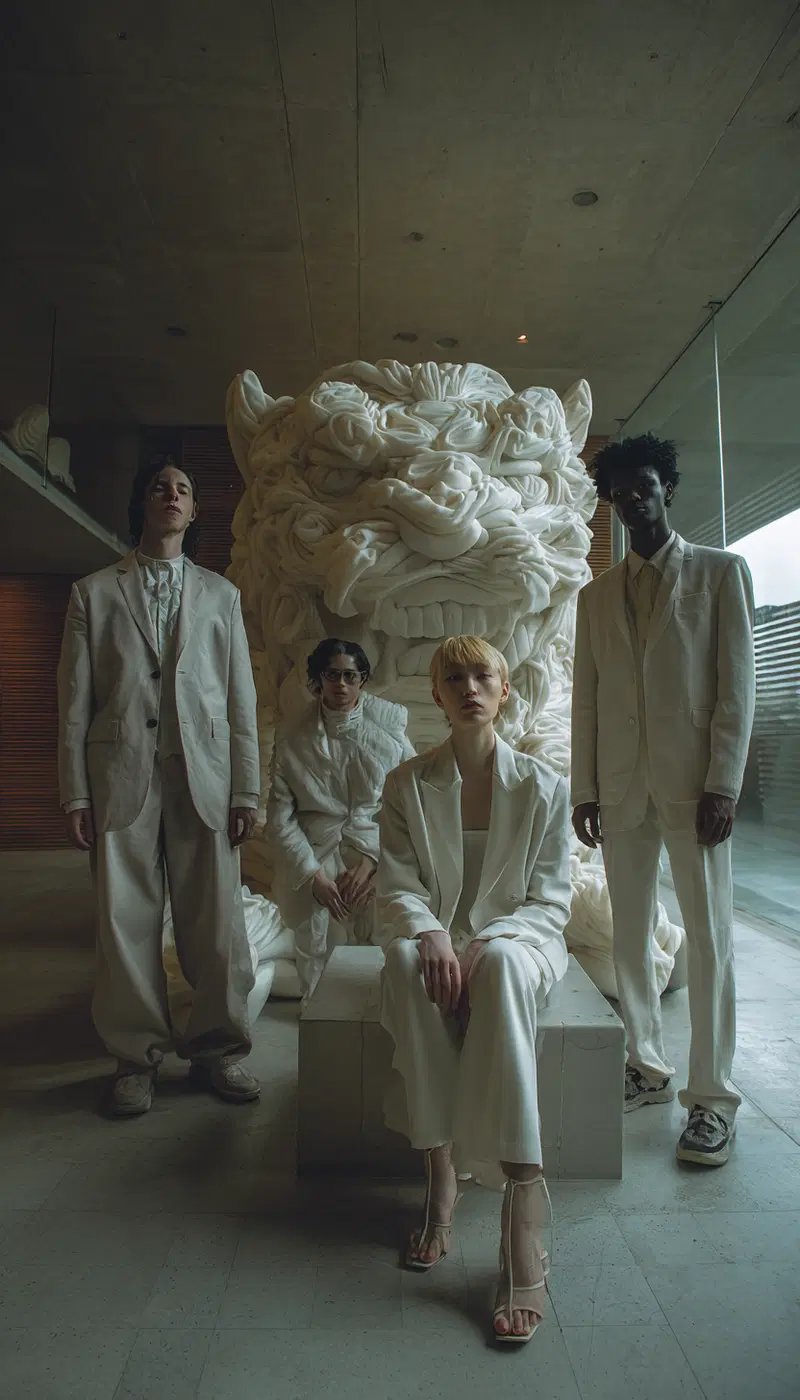 Fashion portrait of diverse models in white suits in modern setting