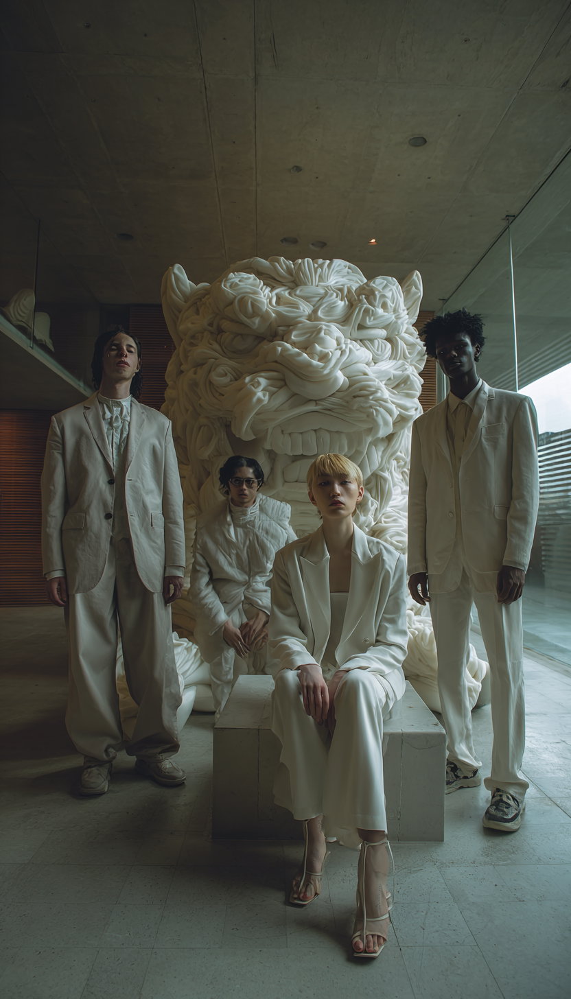 Four fashion models wearing white suits posing in front of a large abstract white sculpture in a modern indoor space