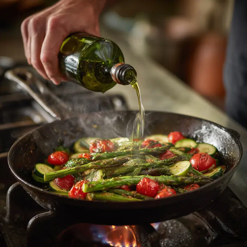 Close-up of fresh vegetables being sautéed with olive oil in a frying pan