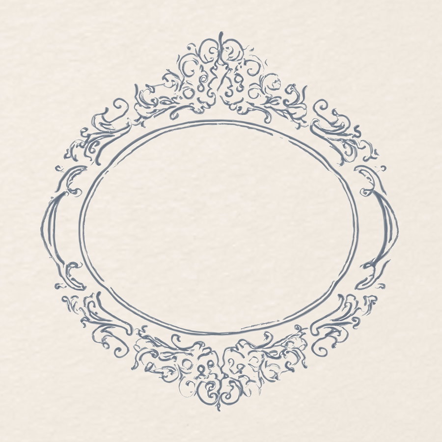 An ornate vintage decorative oval frame with intricate floral and leaf patterns drawn in gray on a beige textured background