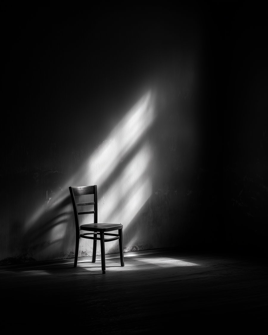 A single wooden chair in the middle of a dark room with light streaming through a window creating shadows on the wall and floor