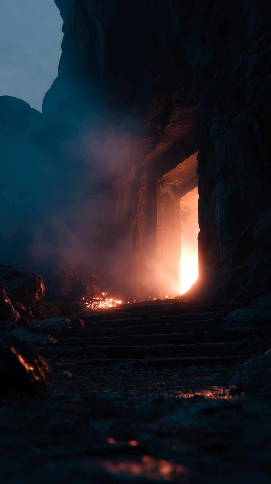 A dark rocky cave interior with stone steps leading up to a rectangular glowing doorway emitting bright orange light and surrounded by mist and small glowing embers.