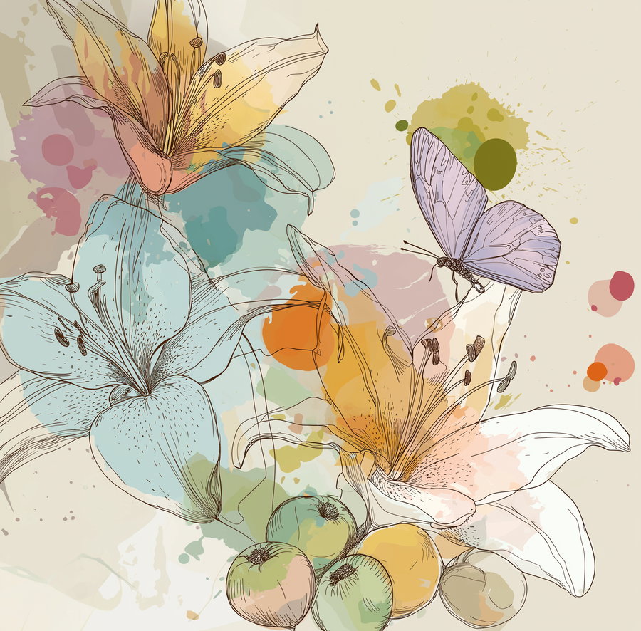 Line drawing of lilies, a butterfly, and various small round fruits with watercolor-style splashes of color in the background