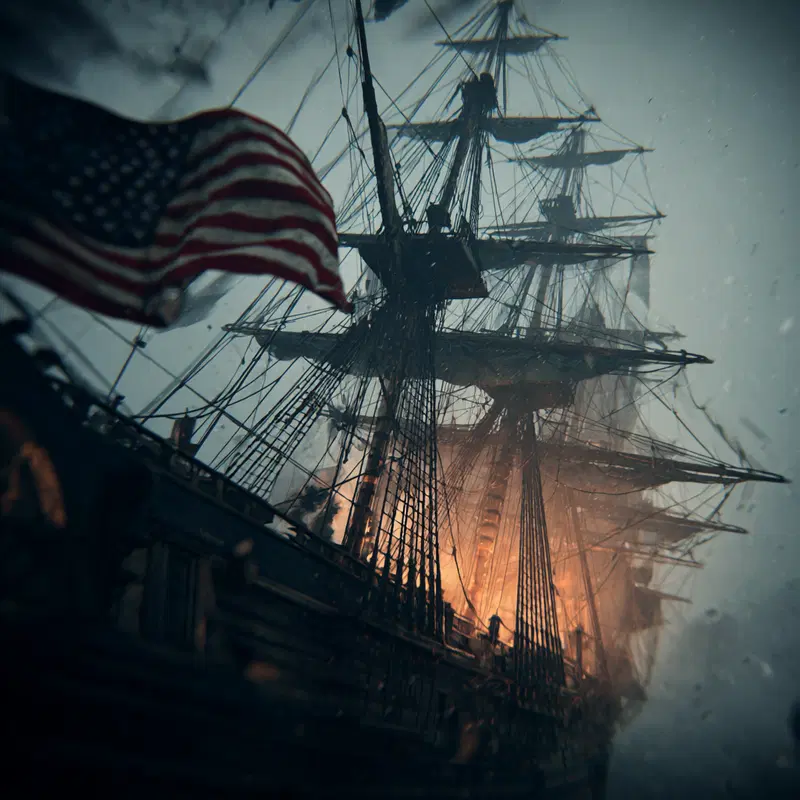 Epic scene of a historic sailing ship with American flag and dramatic lighting