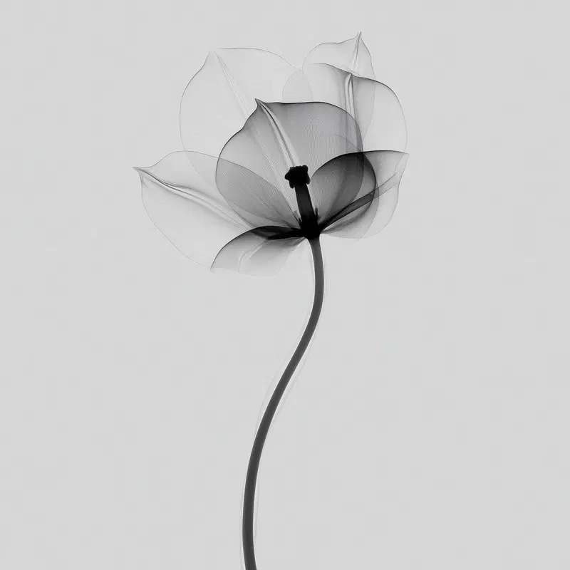Delicate monochrome floral art showing fine transparent petals and stem